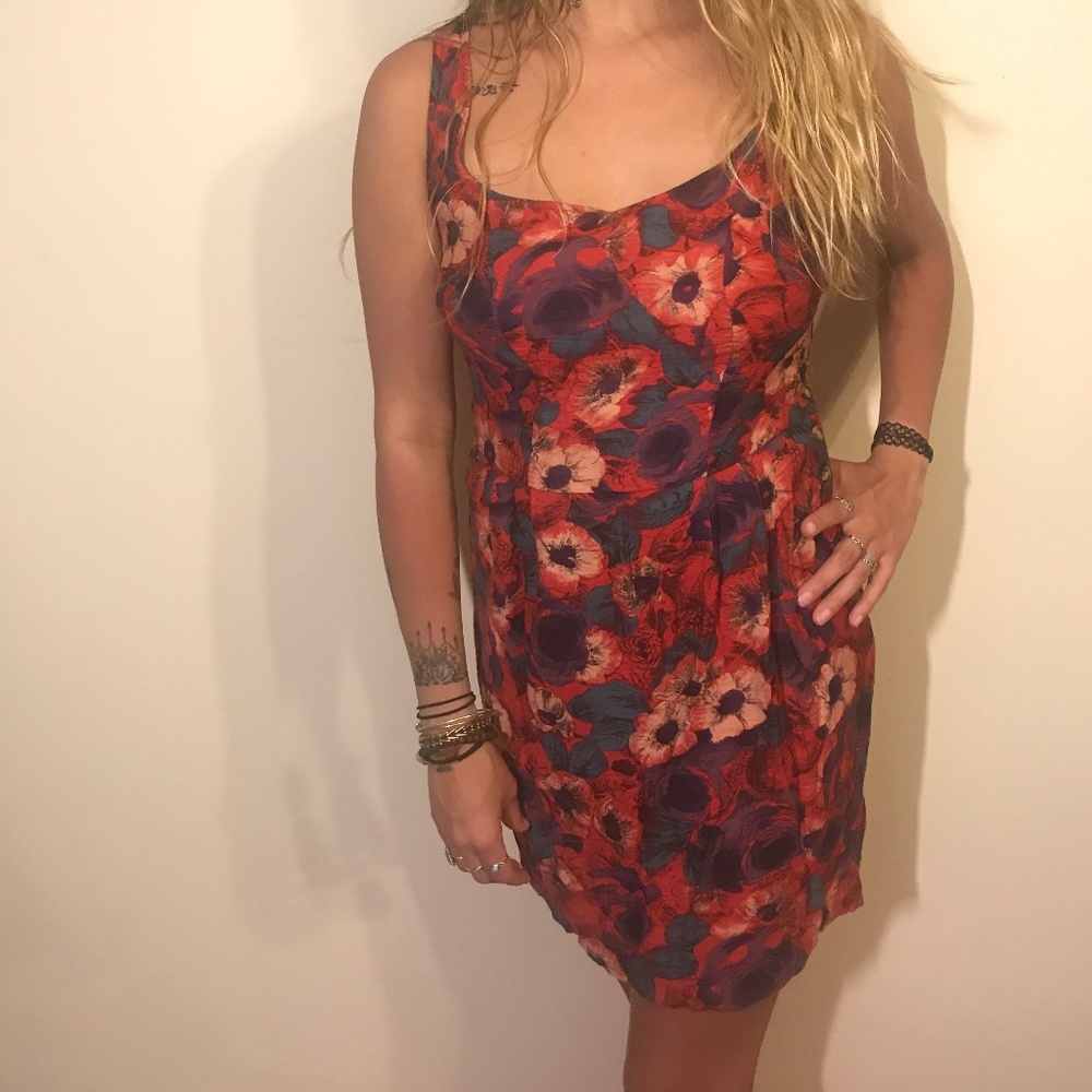 Red Floral Dress with Button-up Side, Kimchi Blue